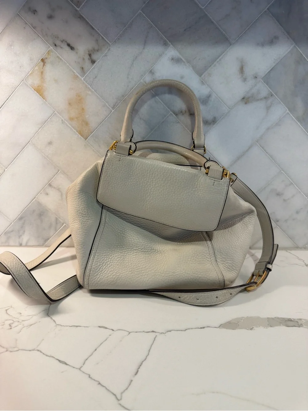 Tory Burch White Pebbled Leather Half Moon Satchel